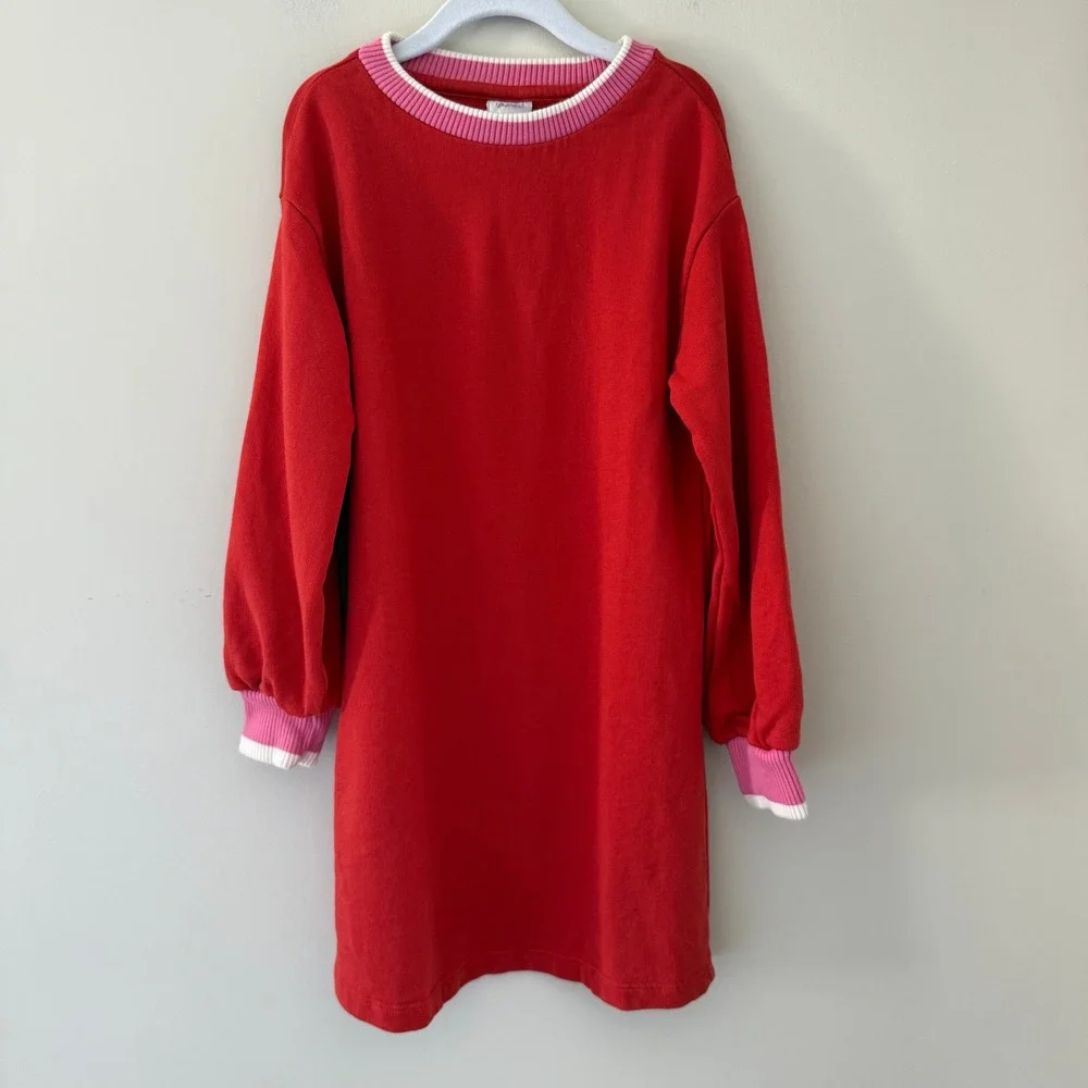 Hanna Andersson Girls Red Sweatshirt Dress Pink Striped Trim Size 120 US 6-7